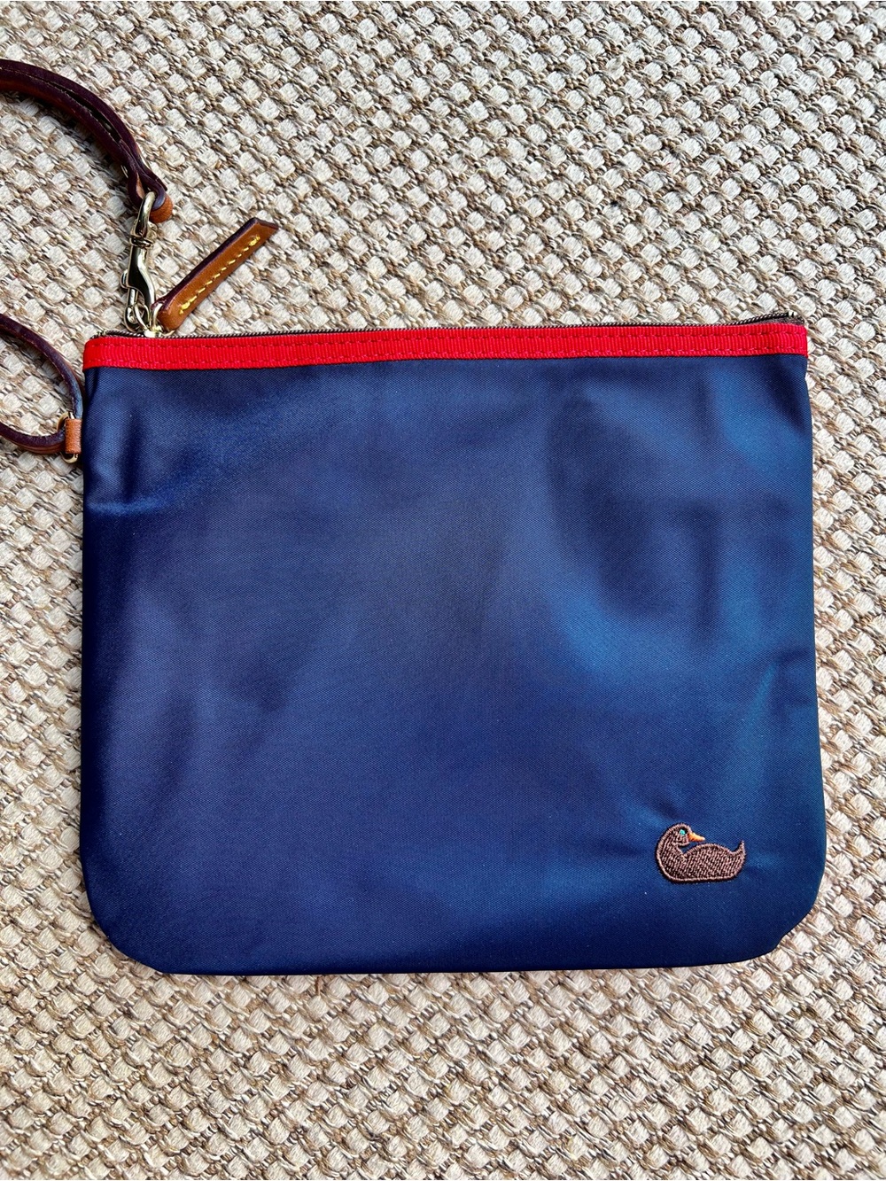 🦆 Dooney & Bourke Navy Orange Nylon Wristlet Pouch Duck Logo Leather Strap